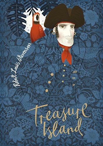 Book cover for “Treasure Island” featuring a pirate and parrot illustration.