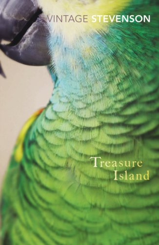 Book cover of "Treasure Island" featuring a close-up of a green parrot.