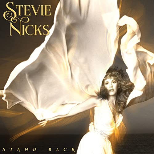 Stevie Nicks album cover, flowing white fabric, portrait of the singer.