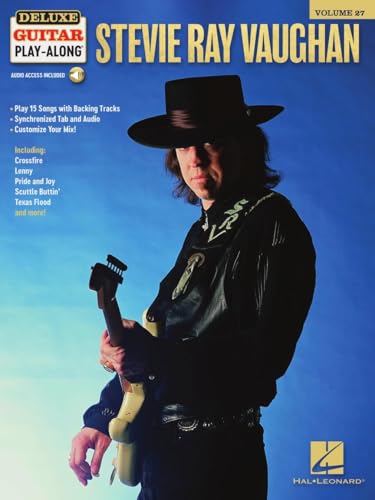 Stevie Ray Vaughan wearing a hat and holding a guitar on a blue background.