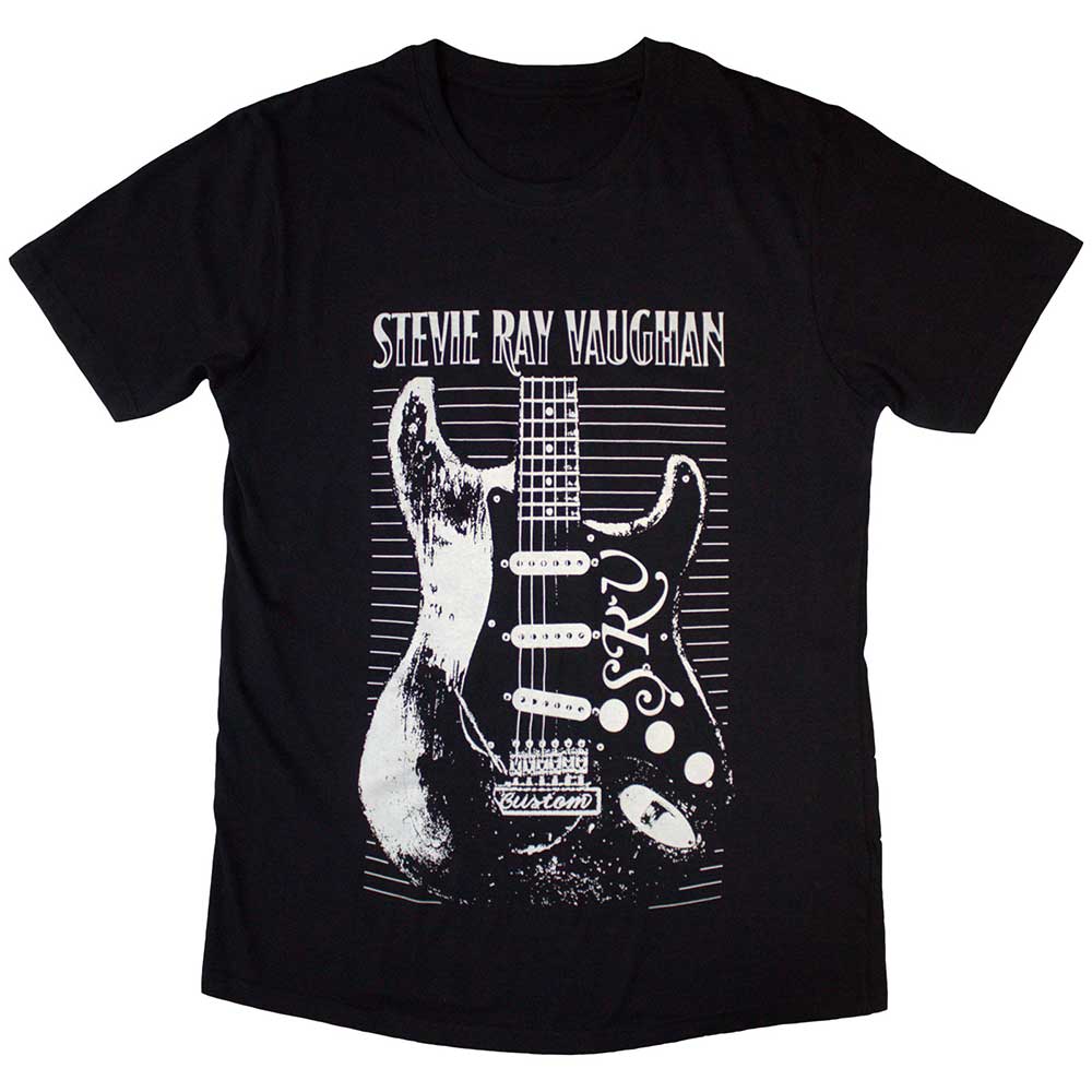 Black t-shirt featuring a graphic of guitarist Stevie Ray Vaughan.