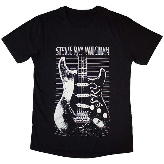 Black t-shirt featuring a graphic of guitarist Stevie Ray Vaughan.