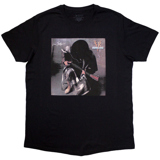 Black unisex t-shirt featuring the Stevie Ray Vaughan In Step album cover graphic.