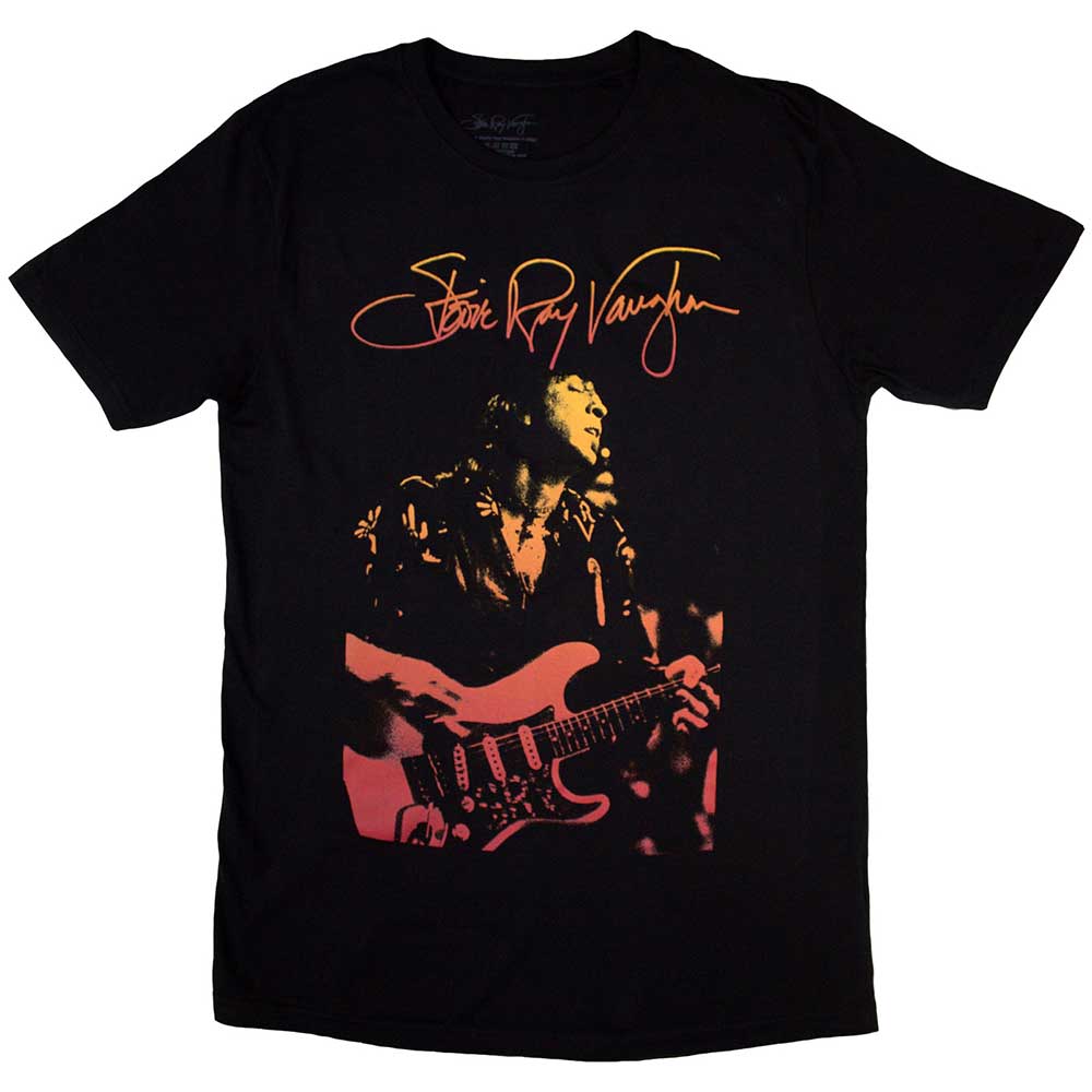 Black t-shirt featuring a signature graphic honoring musician Stevie Ray Vaughan.