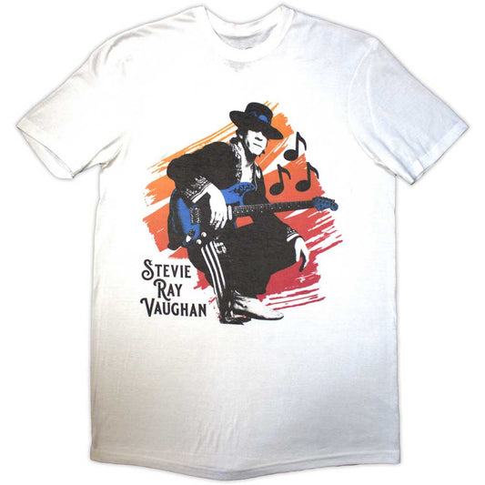 Black t-shirt featuring a portrait of guitarist Stevie Ray Vaughan.