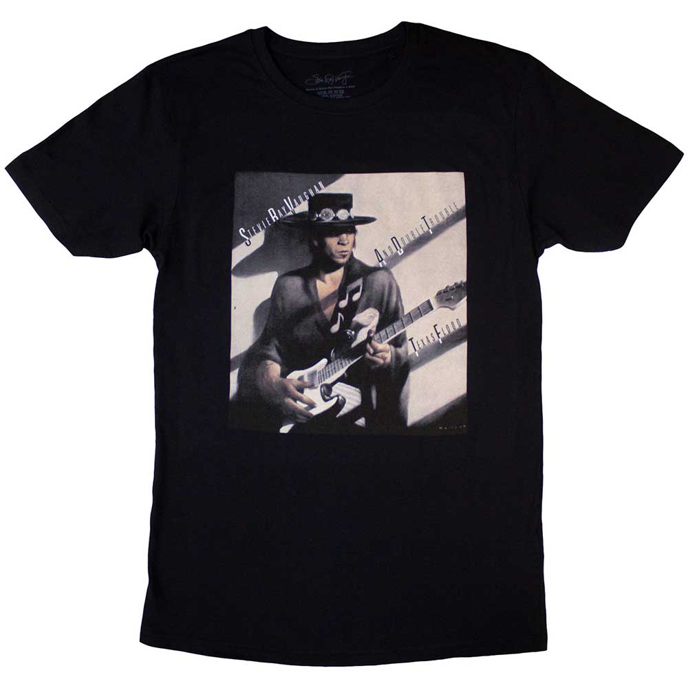 Unisex black t-shirt featuring the Stevie Ray Vaughan Texas Flood album cover graphic.