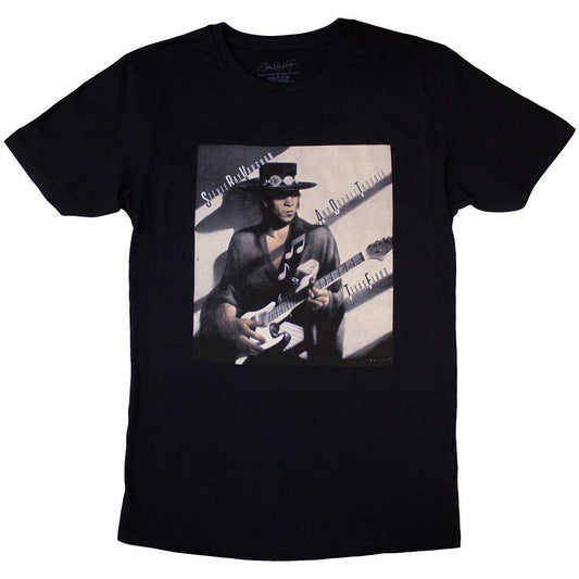 Unisex black t-shirt featuring the Stevie Ray Vaughan Texas Flood album cover graphic.