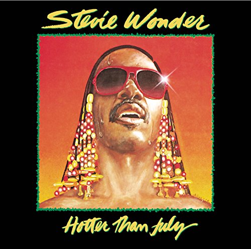 Stevie Wonder album cover, "Hotter Than July," portrait with large earrings.