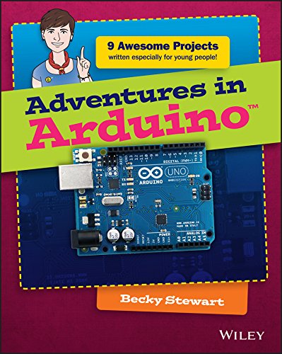 Book cover for "Adventures in Arduino" featuring an Arduino board.