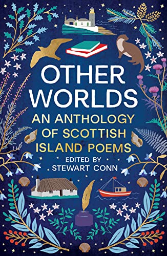 Book cover with dark blue background, illustrations of Scottish island life, and white text.