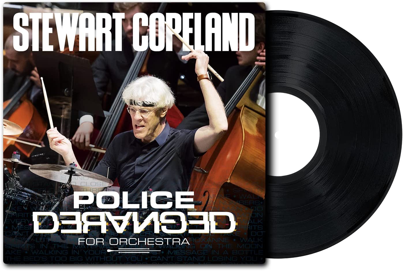 "Vinyl record with album cover featuring Stewart Copeland conducting an orchestra."