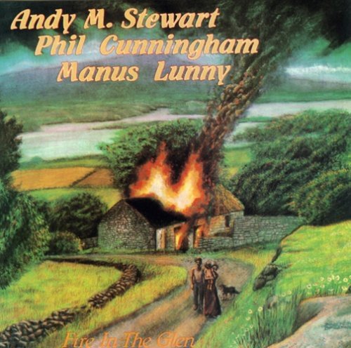 "Album cover art depicting a burning cottage with people walking away from it."