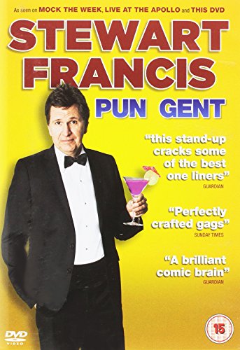 DVD cover featuring Stewart Francis in a tuxedo, holding a cocktail, on a yellow background.