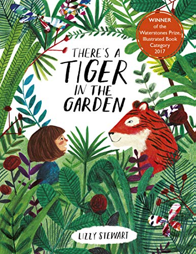 Book cover: child and tiger peeking through lush, colorful foliage.
