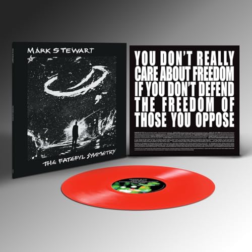 Red vinyl record with black album cover featuring a starry night scene.