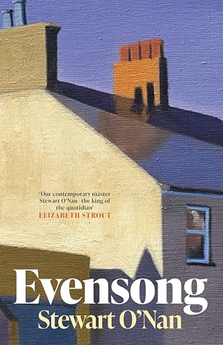 Book cover: painted rooftops under a blue sky, with title "Evensong".
