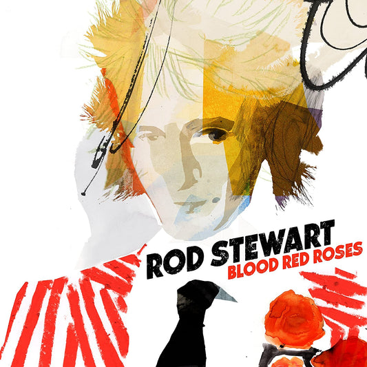 "Album cover with Rod Stewart's face and a black bird, red roses, and text."
