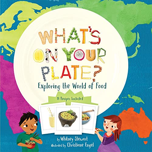 Book cover with colorful world map background and children with food.
