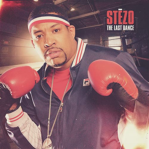 Stezo wearing a headband and boxing gloves in a boxing ring on album cover.