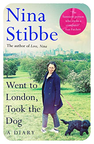 Book cover: woman with black dog in a park, London skyline.