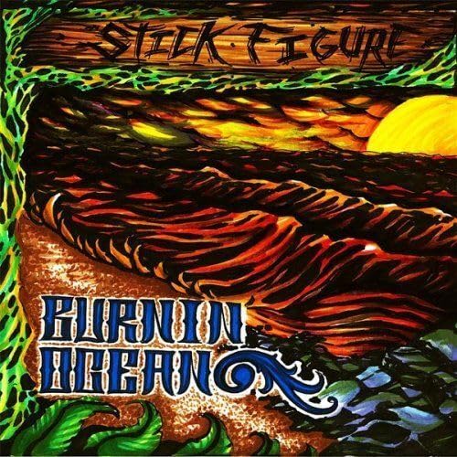 CD cover for “Burnin Ocean” by Stick Figure, featuring ocean waves and sunset.
