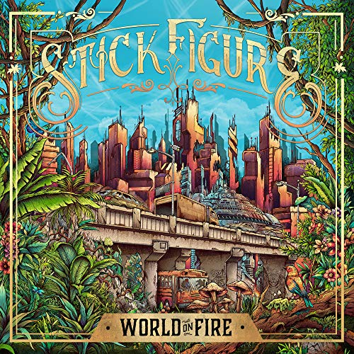 CD cover art: burning city overgrown with lush vegetation.