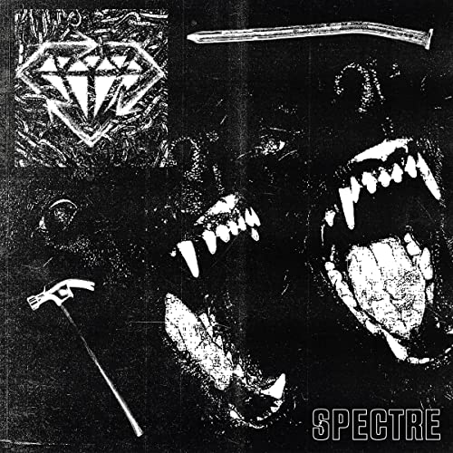 Black and white album cover with a snarling bear, diamond, and tools.