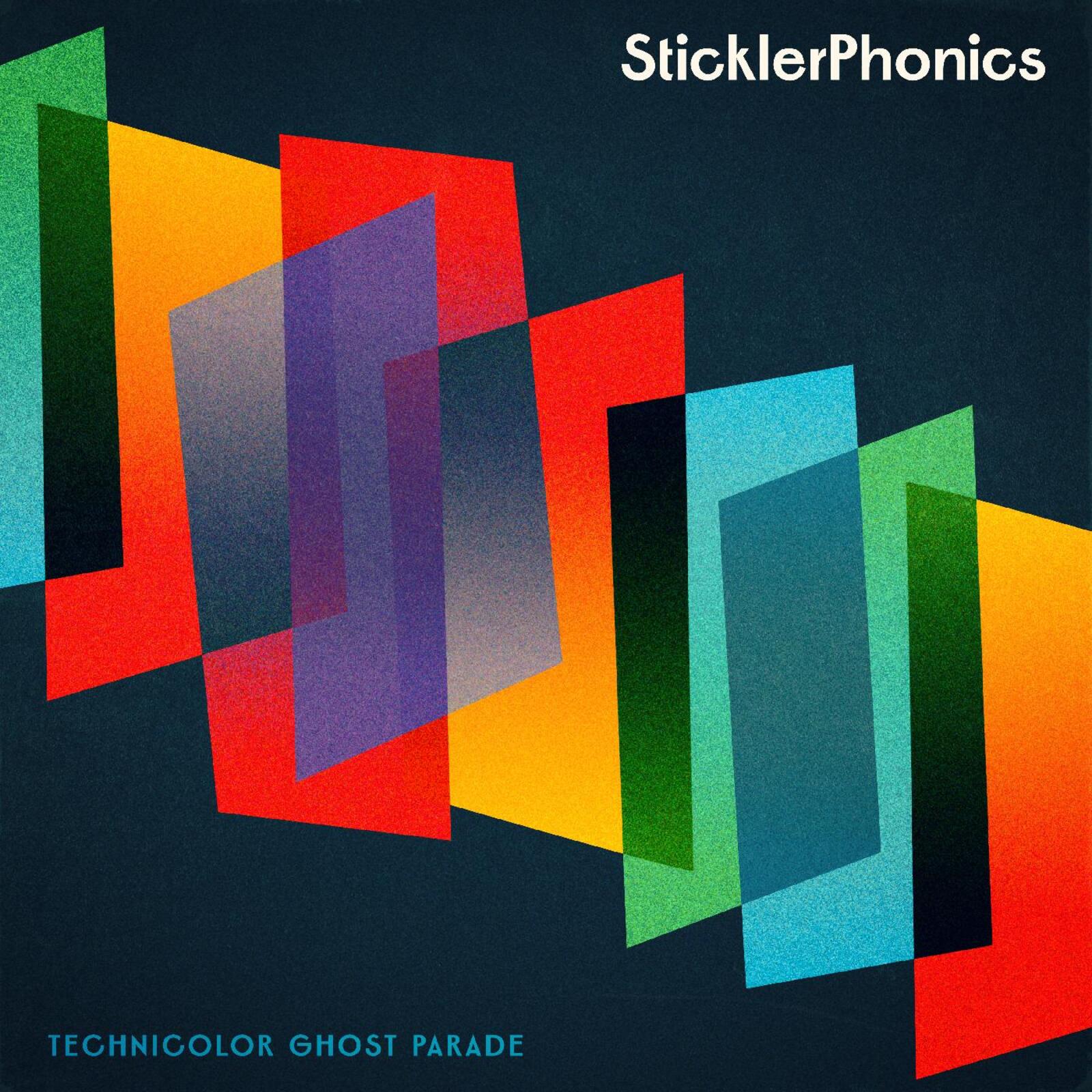Album cover with overlapping colorful rectangles on a dark background.