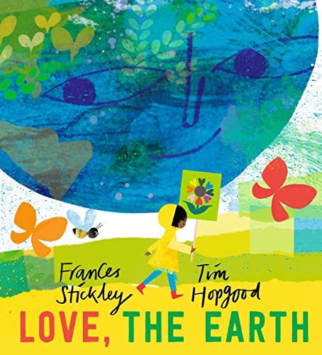 Child in yellow raincoat holding a flower sign beneath a large, stylized Earth face.