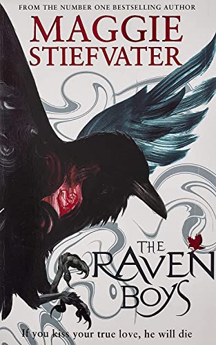 Book cover: a raven with a red heart in its beak, titled "The Raven Boys".