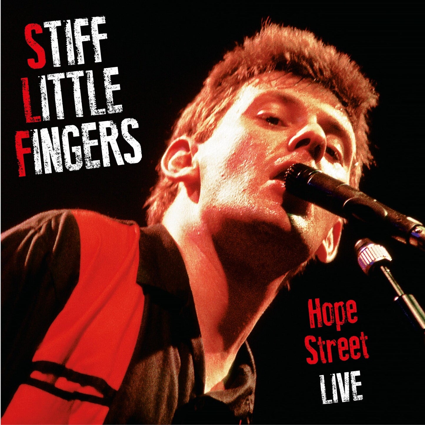 Singer with microphone, album cover for Stiff Little Fingers’ “Hope Street Live.”