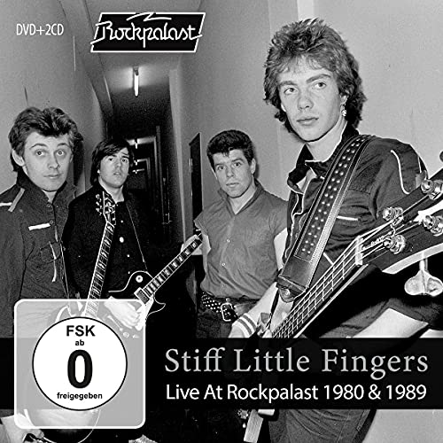Black and white photo of Stiff Little Fingers band members with album title.