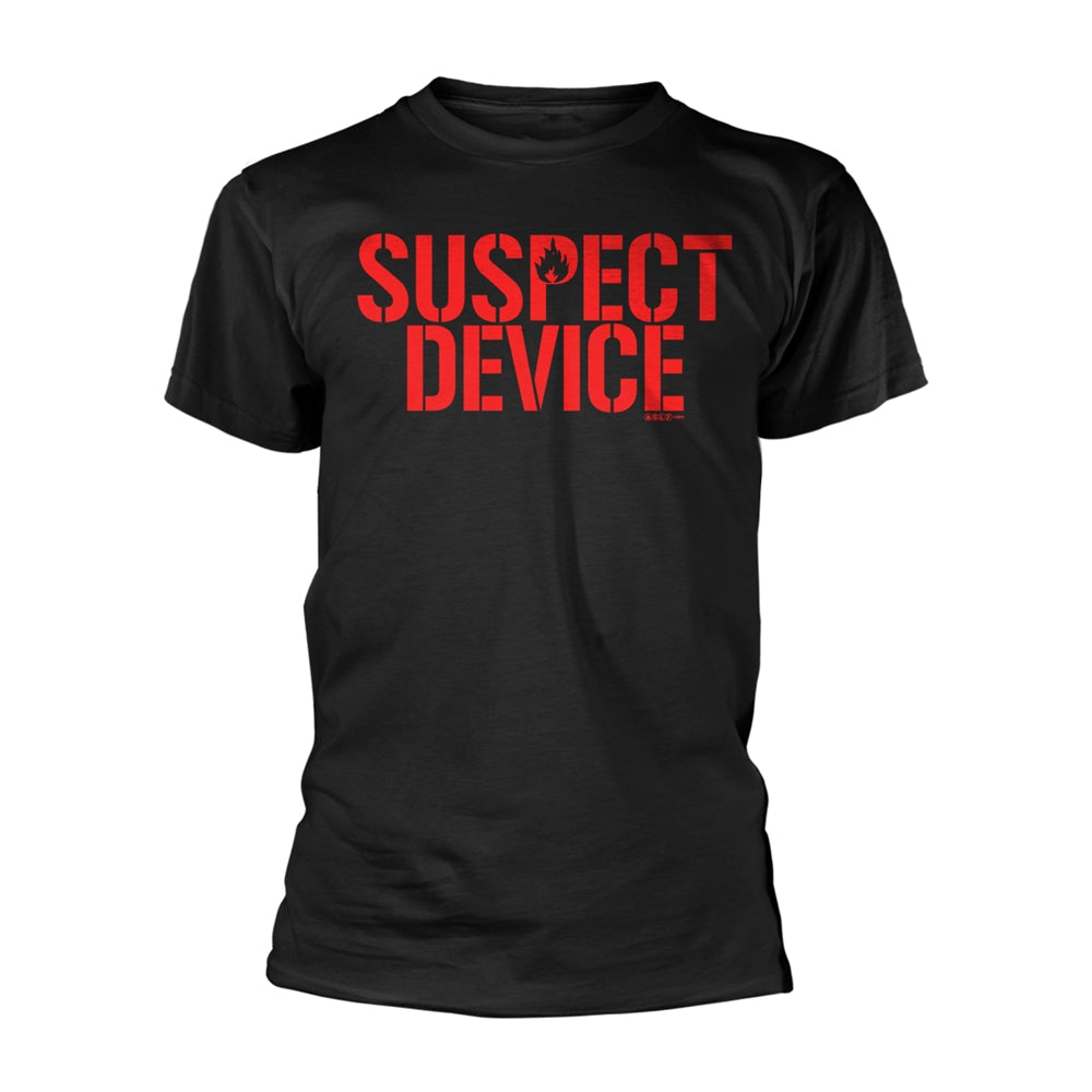 Black t-shirt with red text reading "SUSPECT DEVICE" and a small graphic.