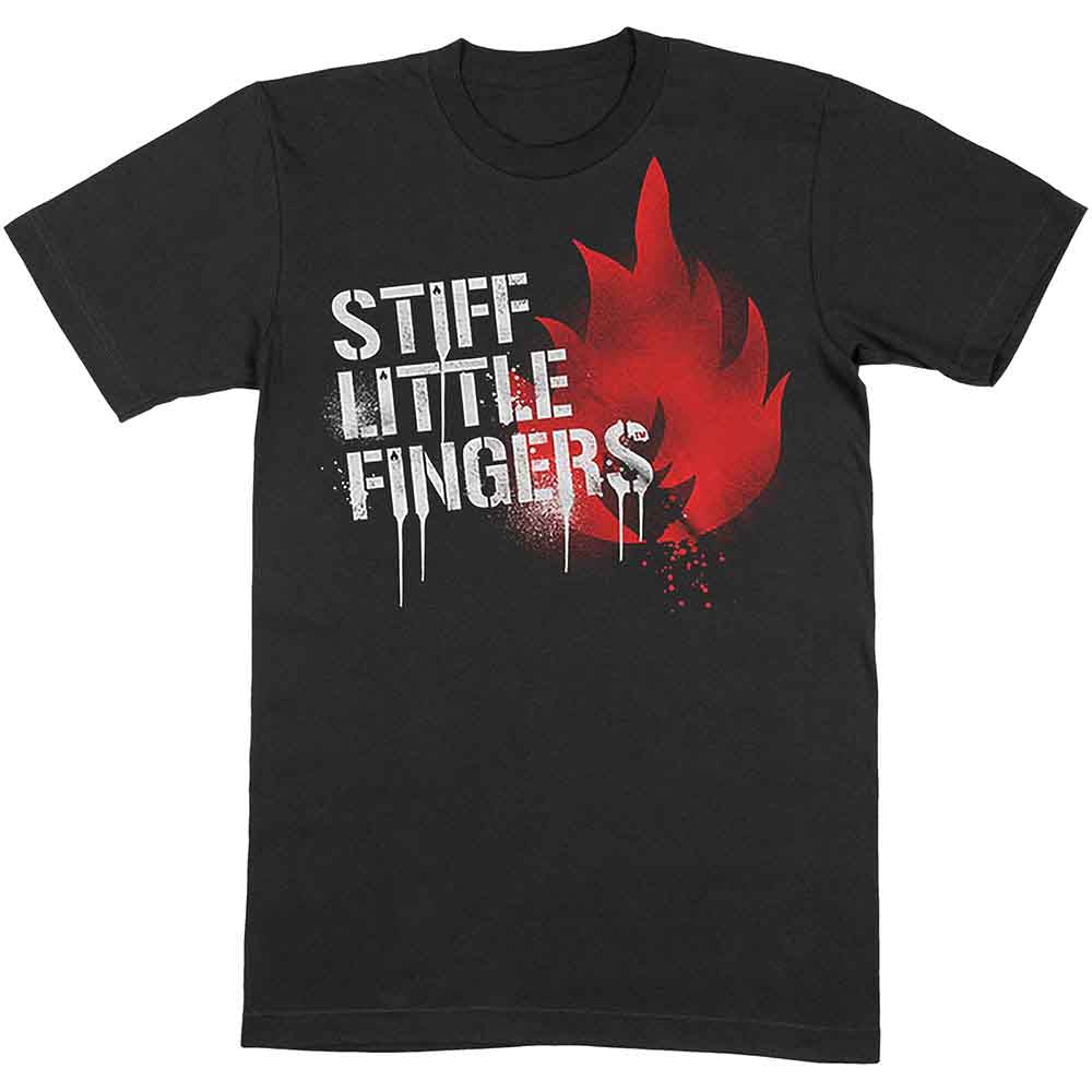 Black t-shirt with white and red "Stiff Little Fingers" graffiti design.