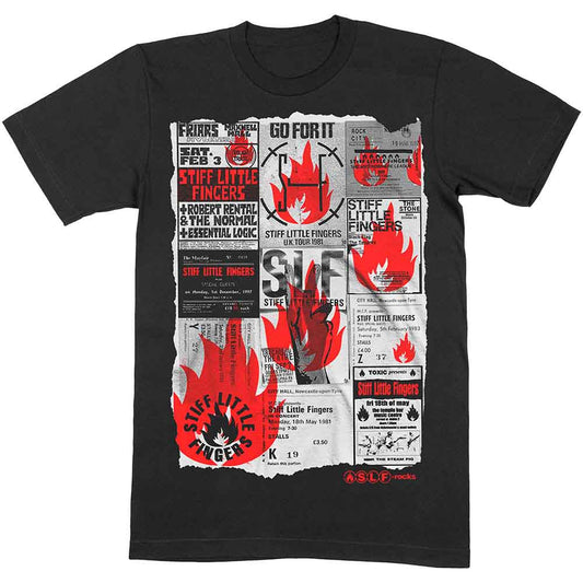 Black t-shirt with a collage print of the Stiff Little Fingers band logo.