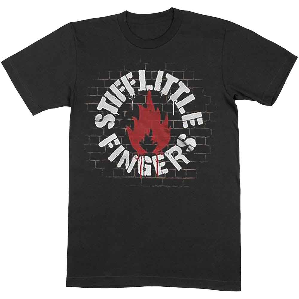 Black t-shirt with white "Stiff Little Fingers" logo on a brick wall design.