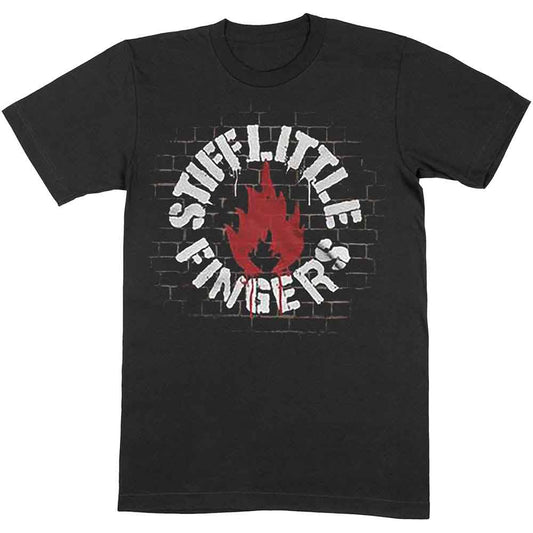 Black t-shirt with white "Stiff Little Fingers" logo on a brick wall design.