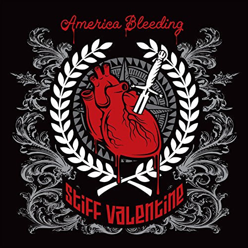 A red bleeding heart pierced by a dagger inside a laurel wreath on black.