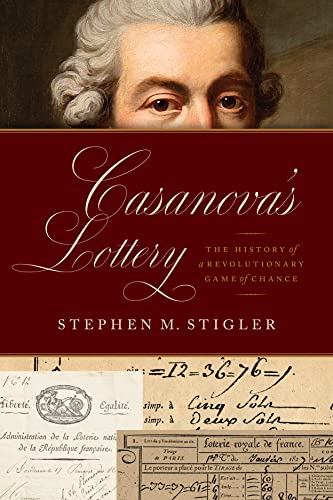 Book cover: “Casanova’s Lottery” with portrait of a man in powdered wig.
