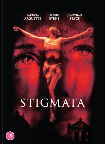 “Stigmata” movie cover: woman in a crucifixion pose against a red, textured background.