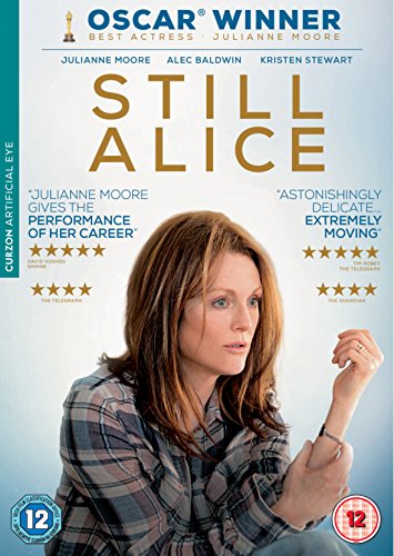 DVD cover for "Still Alice" featuring Julianne Moore with a puzzled expression, holding a pen.