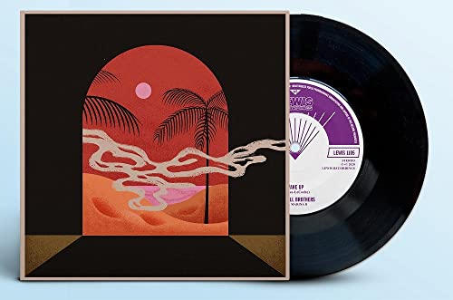 Vinyl record with album art featuring a red sunset and palm trees.