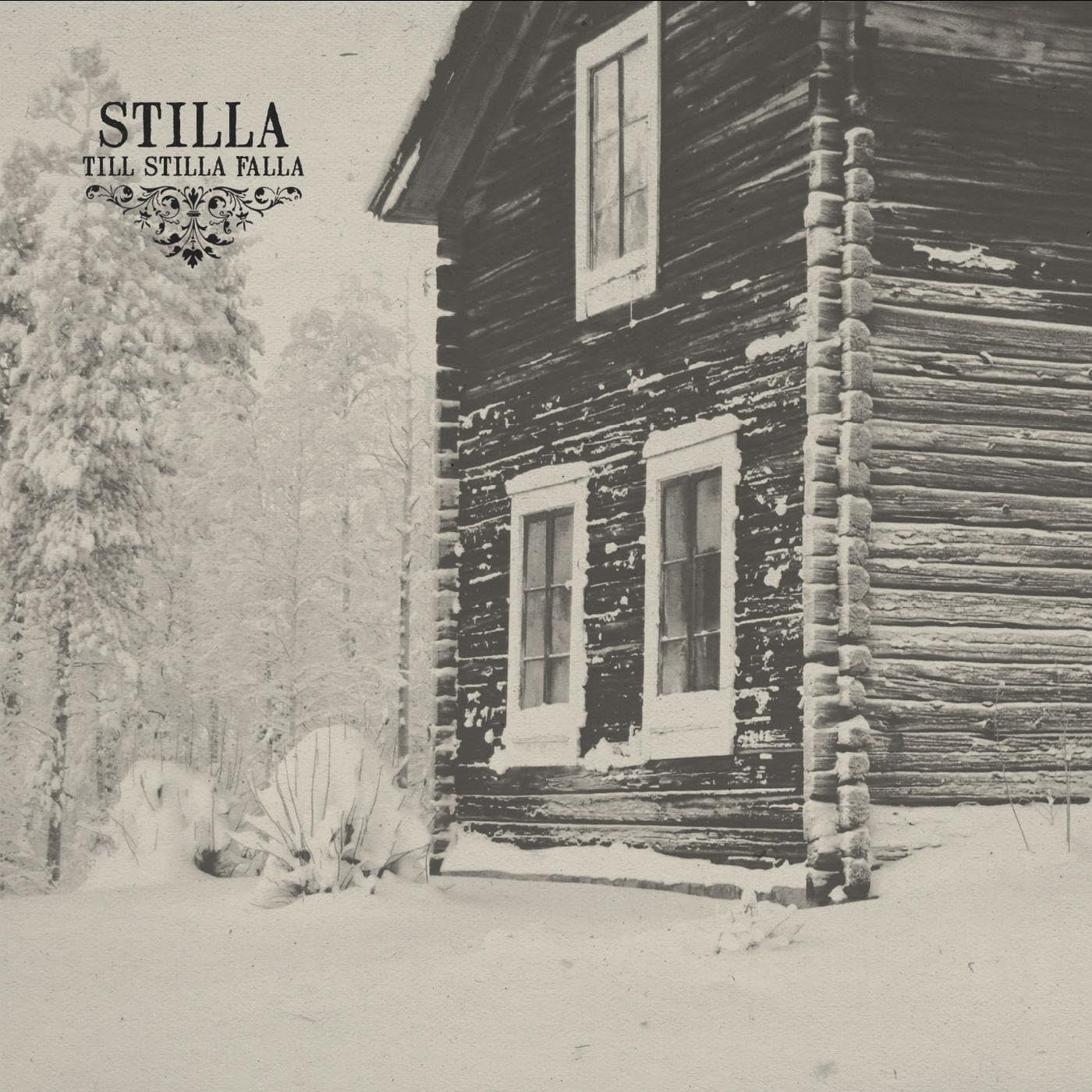 Black and white CD cover depicting a snow-covered log cabin exterior.