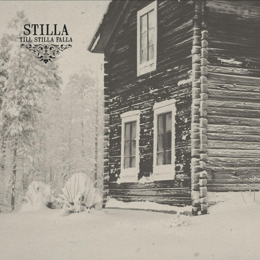 Black and white CD cover depicting a snow-covered log cabin exterior.