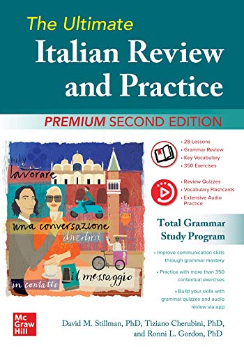 Book cover for The Ultimate Italian Review and Practice featuring an illustrated Italian scene.