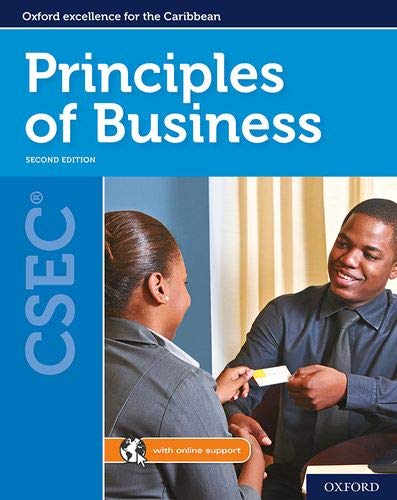 Textbook cover: "Principles of Business" for CSEC, featuring two people.