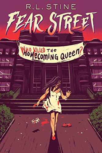 A girl in a blood-stained dress walks away from a school building at night.