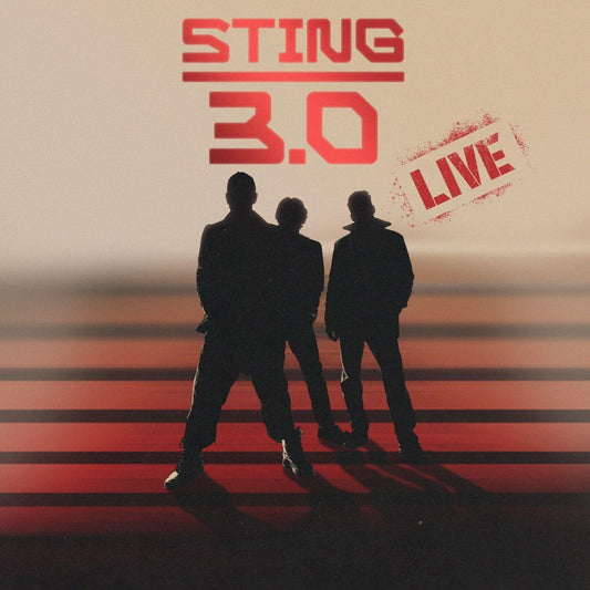 Silhouettes of three people standing on a red-striped surface with Sting 3.0 Live text.