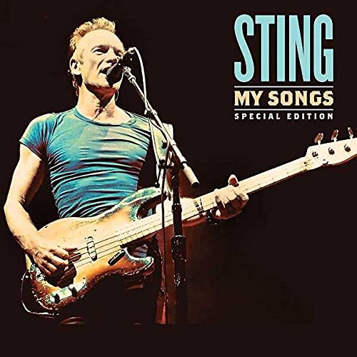 Sting playing a bass guitar on the album cover for "My Songs.