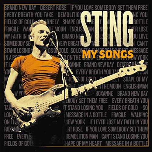 Sting playing bass guitar, album cover for "My Songs" vinyl record.
